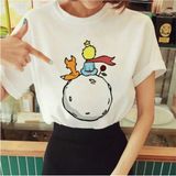 Kadın Beyaz Küçük Prens Baskılı Bisiklet Yaka Oversize Geniş Kalıp T-Shirt Tişört - M