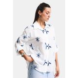 Kadın Beyaz Mavi s6-103 Oversize Nakışlı Gömlek