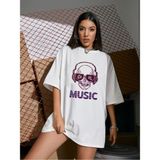 Kadın Beyaz Oversize T-Shirt Music Ön Baskılı Tişört