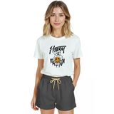 Kadın Beyaz Relaxed Fit %100 Pamuk Tişört – Grafiti Teddy Ayı & Pumpkin Street Baskılı
