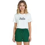 Kadın Beyaz Relaxed Fit %100 Pamuk Tişört – Italıa Script & Mini Bayrak Baskılı