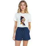 Kadın Beyaz Relaxed Fit %100 Pamuk Tişört – Soyut Renkli Portre Baskılı