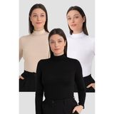 Kadın Beyaz Siyah Ten Balıkçı Yaka Uzun Kollu Body 3 Adet - Renkli - XL