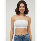 Kadın Beyaz Taş Detaylı Straplez Crop Top – Esnek Kumaş, Işıltılı Bant Büstiyer