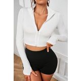Kadın Beyaz Uzun Kol Fermuarlı Parmak Geçme Detaylı Dik Yaka Crop Top Bluz