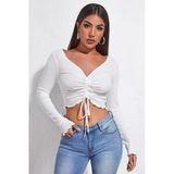 Kadın Beyaz Uzun Kollu Büzdürme Bağcık Detaylı Crop Top Bluz – Şık, Rahat Ve Kolay Kombinlenebilir