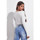 Kadın Beyaz Uzun Kollu Büzdürme Bağcık Detaylı Crop Top Bluz