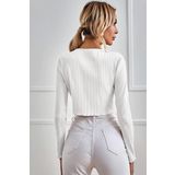 Kadın Beyaz Uzun Kollu Önden Bağlama Detaylı Crop Top Bluz