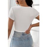 Kadın Beyaz Yarım Kol Düz Yaka Crop Top Bluz