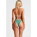 Kadın Bikini Takımı Üçgen Yaka Kolsuz Örme Dokulu Kapsız Üst Yüksek Bel Slip Alt Düz Desenli