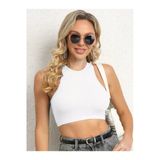 Kadın Bisiklet Yaka Beyaz Renk Crop Top Bluz