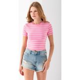 Kadın Bisiklet Yaka Çizgili Pamuklu Crop T-Shirt Pembe Beyaz - 25512 - Pembe - Beyaz