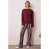 Kadın Bisiklet Yaka Uzun Kol Standart Kalıp Çizgili Örme Pijama Takımı Fonksiyonel