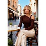 Kadın Bluz Fitted Asimetrik Yaka Tek Omuz Uzun Kol Büzgülü Tül Örme Astarlı Crop Kesim Düz Desen