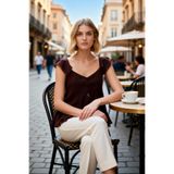 Kadın Bluz V Yaka Fırfırlı Kol Crop Tül Örme Düğmeli Fitted Düz Desenli Yazlık Tasarım Şık