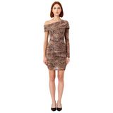 Kadın Bodycon Asimetrik Yaka Tek Kol Mini Tül Elbise Animal Deseniyle Özel Davetlerin Gözdesi-Koyu Kahverengi-36