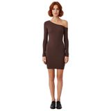 Kadın Bodycon Asimetrik Yaka Uzun Kollu Fitilli Örme Mini Elbise Gündüz Gece Davet Stili Kaliteli-Kahverengi-S