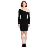 Kadın Bodycon Asimetrik Yaka Uzun Kollu Fitilli Örme Mini Elbise Gündüz Gece Davet Stili Kaliteli-Siyah-2XS