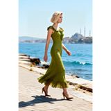 Kadın Bodycon Etek Maxi Elbise Kalıp Askılı Yaka Volanlı Omuz Kolsuz Örme Desenli Ucu Spor