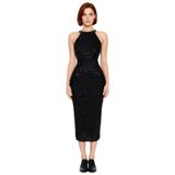 Kadın Bodycon Halter Yaka Midi Boy Astarlı Parıltılı Pul İşlemeli Şık Abiye Gece Elbisesi Kaliteli-Siyah-36