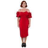 Kadın Bodycon Kalp Yaka Midi Abiye Elbise İnce Askılı Omuz Fırfırlı Özel Davetler İçin Şık Tasarım-Kırmızı-46