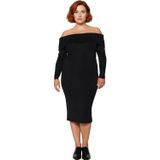Kadın Bodycon Kesim Carmen Yaka Düz Uzun Kollu Triko Midi Elbise Kış Aylarının Şık Ve Rahat Gündüz-Siyah-2XL