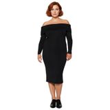 Kadın Bodycon Kesim Carmen Yaka Düz Uzun Kollu Triko Midi Elbise Kış Aylarının Şık Ve Rahat Gündüz-Siyah-XL