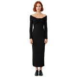 Kadın Bodycon Kesim Carmen Yaka Uzun Kollu Örme Midi Elbise Şık Gece Davetleri İçin İdeal Seçim-Siyah-36