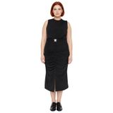 Kadın Bodycon Kesim Kolsuz Midi Elbise Düz Desen Örme Kumaş Detaylı İlkbahar Sonbahar Şıklığı-Siyah-5XL