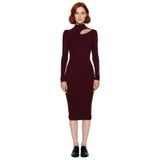 Kadın Bodycon Kesim Midi Uzun Kollu Triko Elbise Dik Yaka Cut Out Detaylı Şık Fitilli Tasarım-Mürdüm-M