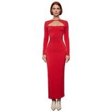 Kadın Bodycon Kesim Uzun Kollu Maxi Elbise Cut Out Detaylı Şık Gece Kokteyl Kıyafeti Kaliteli-Kırmızı-38