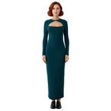Kadın Bodycon Kesim Uzun Kollu Maxi Elbise Cut Out Detaylı Şık Gece Kokteyl Kıyafeti Kaliteli-Zümrüt Yeşili-36