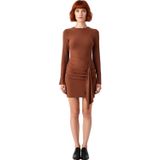 Kadın Bodycon Mini Elbise Uzun Kollu Büzgü Drape Detaylı Esnek Kışlık Şık Örme Kıyafet Kaliteli-Koyu Kahverengi-XS