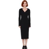 Kadın Bodycon Polo Yaka Maxi Boy Uzun Kollu Fitilli Örme Kışlık Elbise Günlük Kombinler İçin İdeal-Siyah-2XS