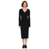Kadın Bodycon Polo Yaka Maxi Boy Uzun Kollu Fitilli Örme Kışlık Elbise Günlük Kombinler İçin İdeal-Siyah-M