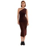 Kadın Bodycon Tek Omuz Midi Elbise Drapeli Şık Tasarımıyla Esnek Örme Kumaş Konforu Sunuyor-Kahverengi-S