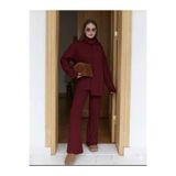 Kadın bordo Atkılı Saç Örgülü Pantolon Triko 3'lü Takım TAKIMTRİKO01
