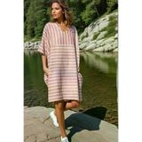 Kadın Bordo Bej Keten V Yaka Çizgili Cepli Salaş Günlük Yazlık Giy Çık Oversize Elbise 700-3340286