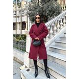Kadın Bordo Bondit Kumaş Su Geçirmez Trençkot | Kuşaklı MLB127 - XL