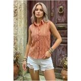 Kadın Bordo Çizgili İthal Dokulu Kumaş, Kolsuz Spor Gömlek 2878C187