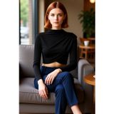 Kadın Bordo Dik Yaka Drapeli Anvelop Kapanışlı Asimetrik Siluetli Uzun Kollu Super Crop Örme Bluz