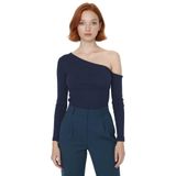 Kadın Bordo Fitted Vücuda Oturan Asimetrik Yaka Düşük Kol Örme Bluz Uzun Kollu Crop Kesim Rahat_Indigo-2XS