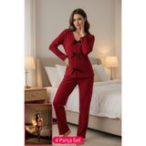Kadın Bordo Fiyonklu Iç Çamaşırı ve Uzun Kollu V Yaka Pijama Takımı 4'lü Set - L - XL