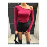 Kadın Bordo Kayık Yaka Pamuk Kumaş Bluz 28168