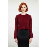 Kadın Bordo Oversize Kesim Fitilli Triko Crop Kazak Uzun Kollu Bisiklet Yaka Günlük Şıklık -Bordo-M