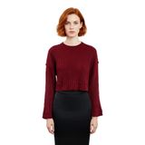 Kadın Bordo Oversize Kesim Fitilli Triko Crop Kazak Uzun Kollu Bisiklet Yaka Günlük Şıklık -Bordo-S