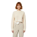 Kadın Bordo Oversize Kesim Fitilli Triko Crop Kazak Uzun Kollu Bisiklet Yaka Günlük Şıklık -Ekru-S