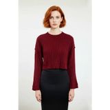 Kadın Bordo Oversize Kesim Fitilli Triko Crop Kazak Uzun Kollu Bisiklet Yaka Günlük Şıklık