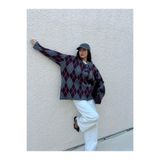 Kadın Bordo Oversize Şardonlu Ekoseli Yumoş Kazak 5581