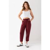 Kadın Bordo Renk Beli Lastikli Modal Kumaş Çımalı Bilek Pantolon Yumuşak Dokulu Şık Bağcıklı Pantolon - XL